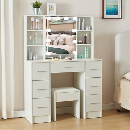Large Dressing Table Vanity Makeup Desk With LED Light Mirror + Stool + Drawers