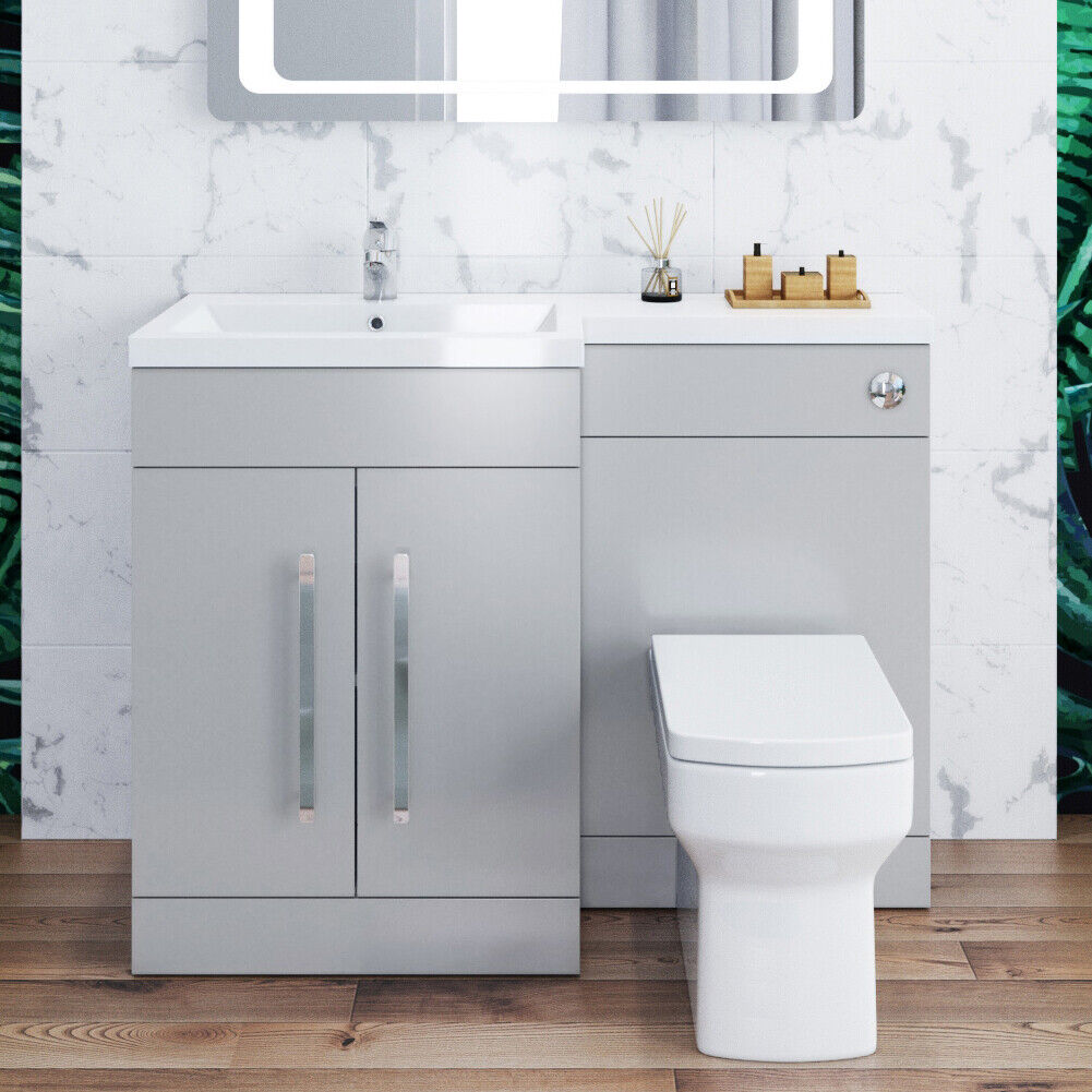 Bathroom Vanity Unit Sink Cabinet Grey Left Hand Basin Cupboards & Squ ...