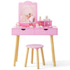 Wooden Dressing Table & Stool 2-in-1 Kids Vanity Set Children w/ Drawers