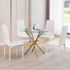 4x White Faux Leather Dining Chairs&Round Tempered Glass Golden Leg Dining Table