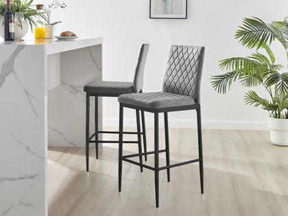 2x Milan Diamond Pattern Faux Leather Grey Bar Stools With Black Legs Set of 2