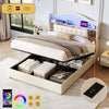 Upholstered Ottoman Storage Bed, 4ft6 Double Bed Frame with LED & USB, Beige