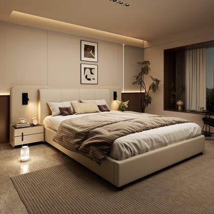 4ft6 Double Slatted Bed Frame, Headboard with Charging Port and Lighting Beige