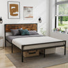 Queen Size Industrial Slatted Bed Frame Metal Platform Bed with Headboard
