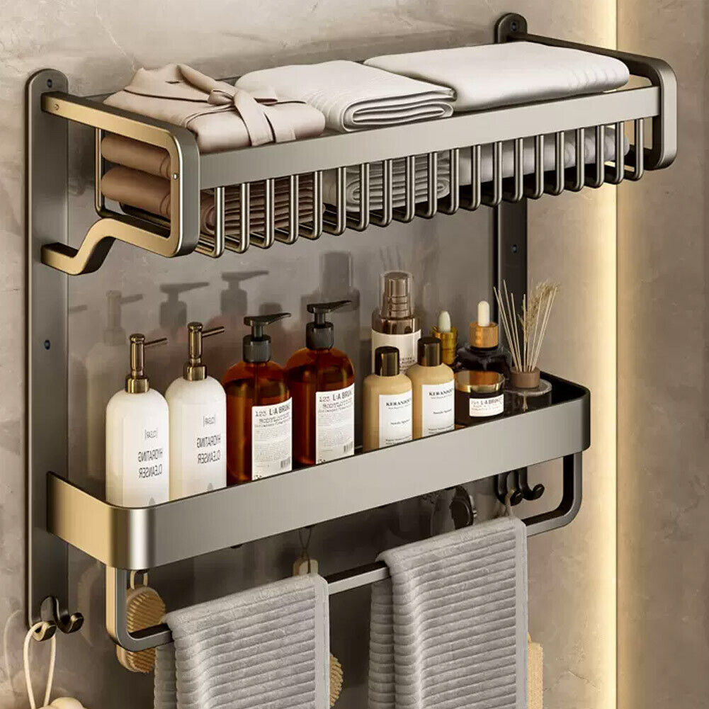 2/3 Tier Aluminum Basket Shower Rack Bathroom Storage Shelf Towel Rail Holder