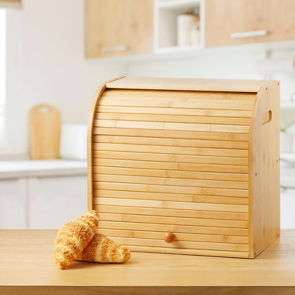 2 Tier Double Layer Bread Box Slide Roll Top Bread Storage Bin Kitchen Bamboo