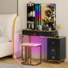 Modern Dressing Table & Stool Set w/Mirror RGB Lights 7 Modes & Charging Station