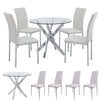 Round Glass Dining Table and 4 White Faux Leather Chairs Kitchen Room Furniture