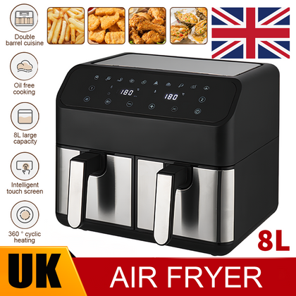 8L Dual Zone Digital Air Fryer Oven Cooker With 10 Cooking Functions Oil Free UK