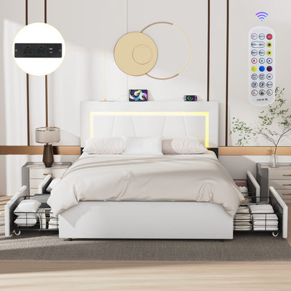 4FT6 STORAGE UPHOLSTERED BED FRAME DOUBLE WITH USB PORT & LED LIGHT,4 DRAWER NEW