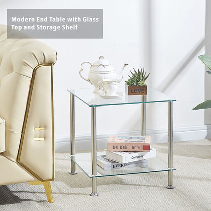 2 Tiers Square Clear Tempered Glass Side End Table with Storage Shelf Livingroom