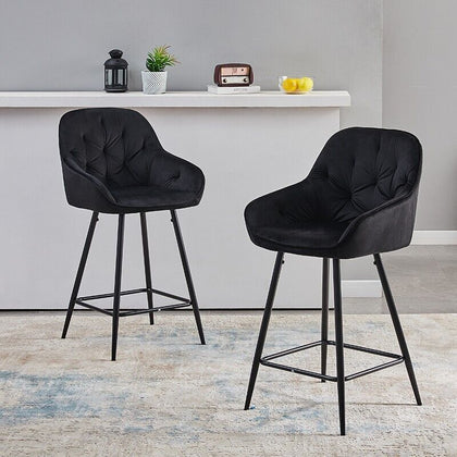 2x Black Bar Stools Velvet Breakfast Stool Footrest 65 cm Padded Seat Kitchen