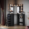 Corner Dressing Table Makeup Desk with LED Lights 3 Angle Mirror 5 Drawers Black