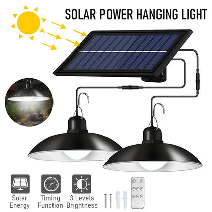 2 Heads Solar Powered Pendant Hanging Light Lamp Garden LED Shed Lighting Remote