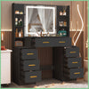 Black Dressing Desk with LED Lighted Makeup Mirror and 7 Drawers Vanity Set
