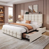 4ft6 Double Bed Upholstered Bed with 4 Storage Drawers, Tufted Headboard Beige