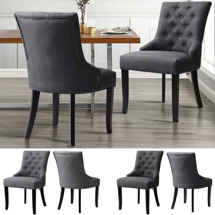 2x Dining Chairs Linen Fabric Studded Chairs Upholstered Accent Wooden Legs
