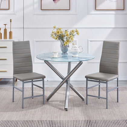 2x Grey Faux Leather Dining Chairs & Round Marble Glass Dining Table Silver Legs