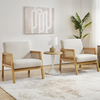 Armchair Set of 2 Linen Fabric Accent Chairs with Rattan Sides Wood Legs Beige
