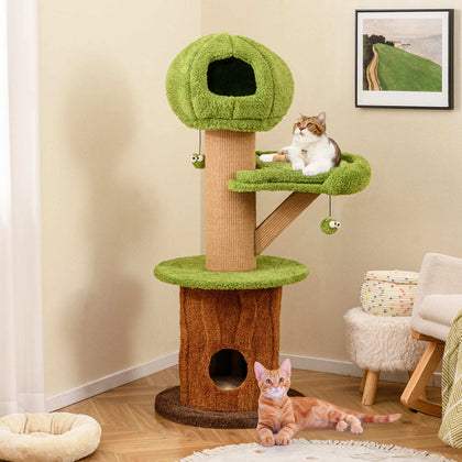 148 cm Tall Cat Tower Mushroom Cat Tree w/ 2 Condos & Plush Perch-Green
