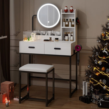 Modern Dressing Table Set with LED Lighted Mirror Stool Drawers Shelves Bedroom