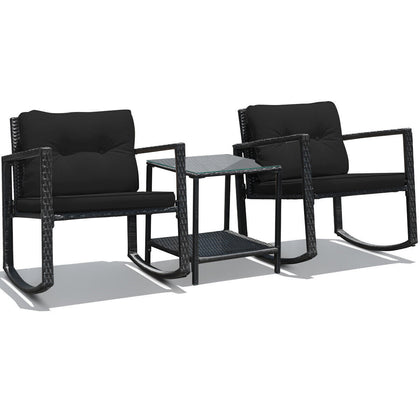 3 Pieces Outdoor Rocking Bistro Set PE Rattan Rocking Chair Set with Cushions