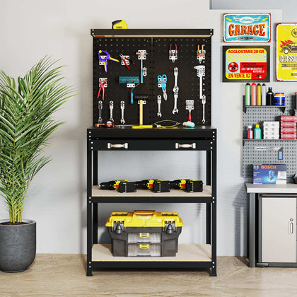 81 x 41 CM Workbench Metal Tool Work Station w/2 PCS Pegboard-Black