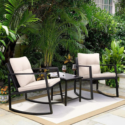 3 Piece Rocking Rattan Bistro Patio Garden Furniture Set - 1 Table & 2 Chairs