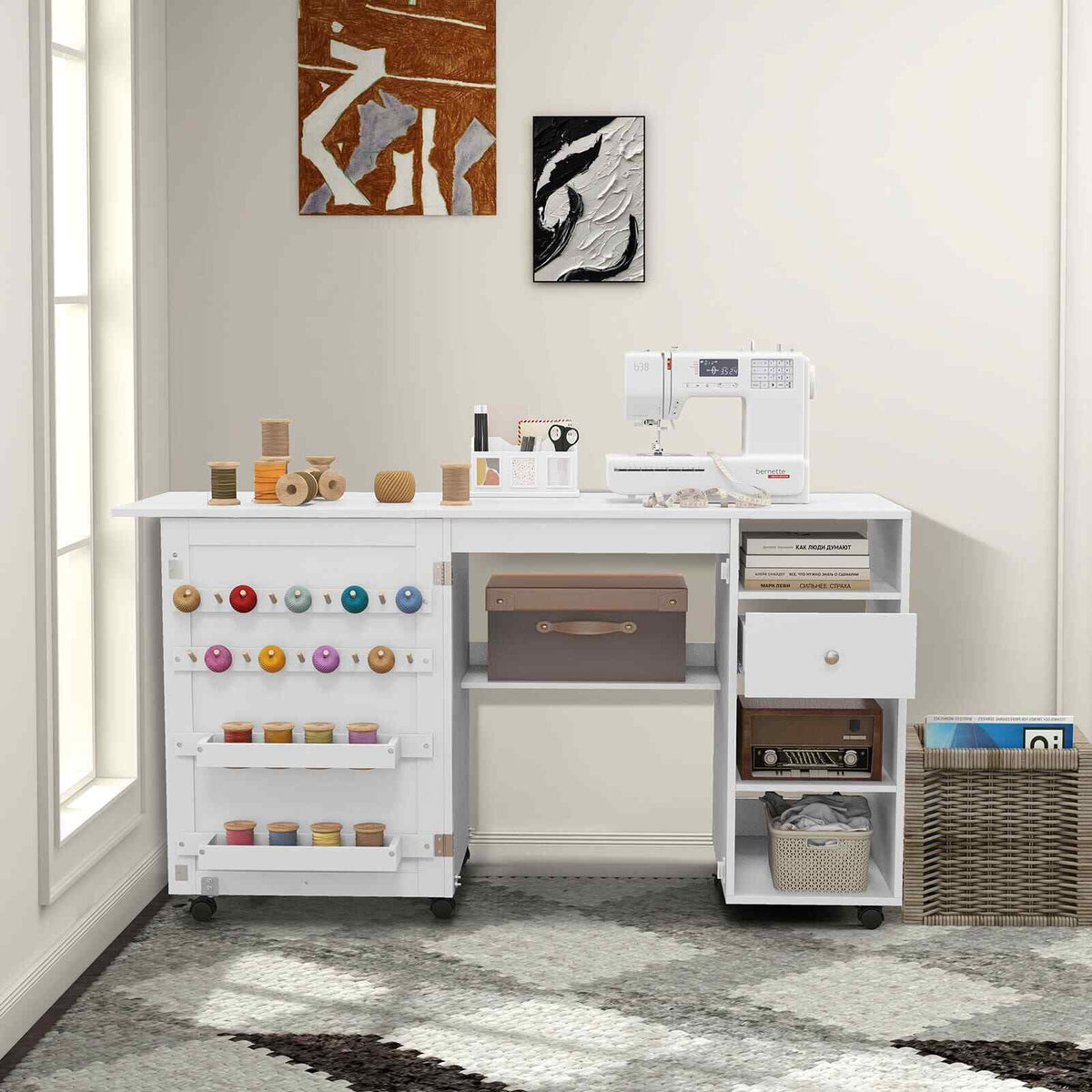 Adjustable Sewing Cabinet Folding Sewing Machine Table with wheels ...