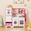 Wooden Play Kitchen Kids Pretend Play Toy W/Adjustable LED Lights Fabric Bin
