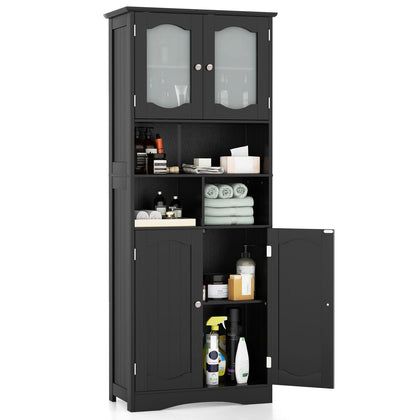 148cm Tall Bathroom Cabinet Freestanding Storage Cabinet with Glass Doors Black