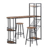 Industrial Breakfast Bar Table and 2 Stools Dining Set W/ Wine Rack Side Storage
