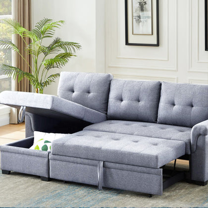 3 Seater L-Shaped Corner Sofa Bed with Storage Reversible Sleeper Bed Couch Grey