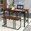Dining Table Set 4 Piece Bench Stools Industrial Metal Frame Space Saving Brown
