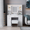 White Vanity Makeup Desk Stool Set With LED Lights Mirror Drawers Dresser Table