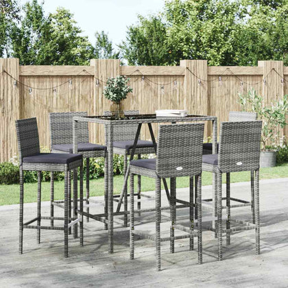 7 Piece Garden Bar Set with Cushions Grey Poly Rattan