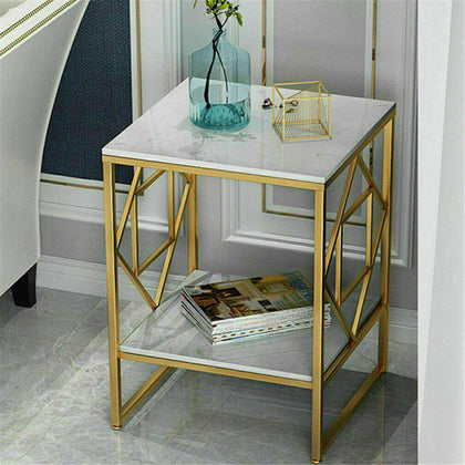 Marble Vein Side Table with Gold Metal Legs Vintage Lounge Living Room Bedside