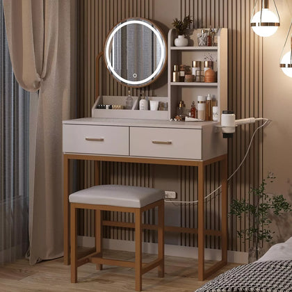 Modern Dressing Table Set with LED Light Mirror Stool Drawers Shelves Bedroom