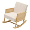 Wooden Rocking Chair Rattan Armrest Linen Fabric Cushion Thick Seat Relax Sofa