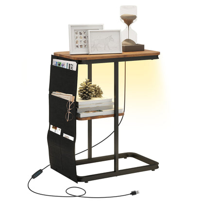 2-Tier LED Side Table 3 Color Lighted Bedside Sofa End Table Storage Pocket