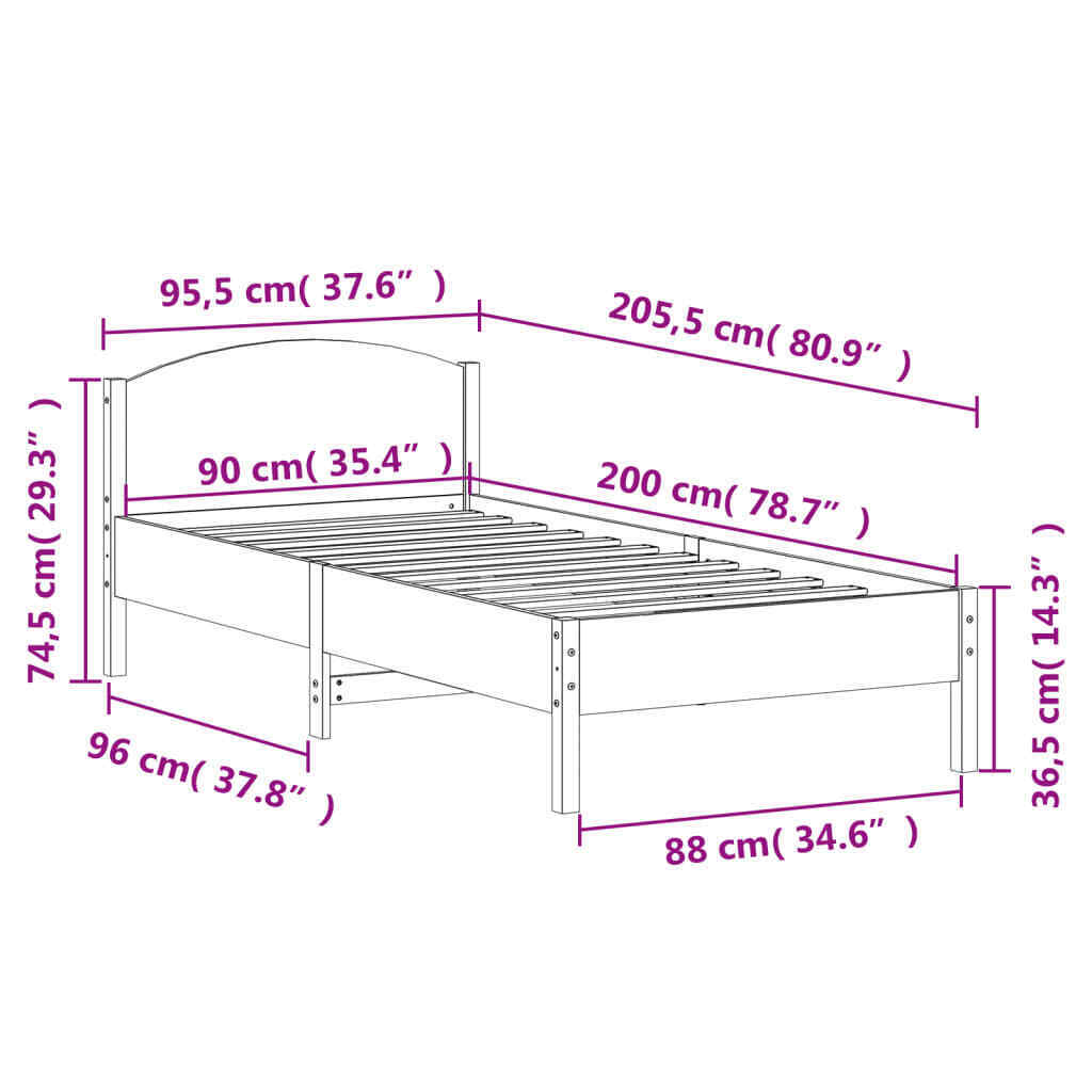 BaraSh Bed Frame with Headboard Wax Brown 90x200 Solid Wood Pine,Double T7F5