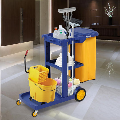 3 Tier Cleaning Trolley On Wheels Janitorial Storage Cart with Organizer Bins