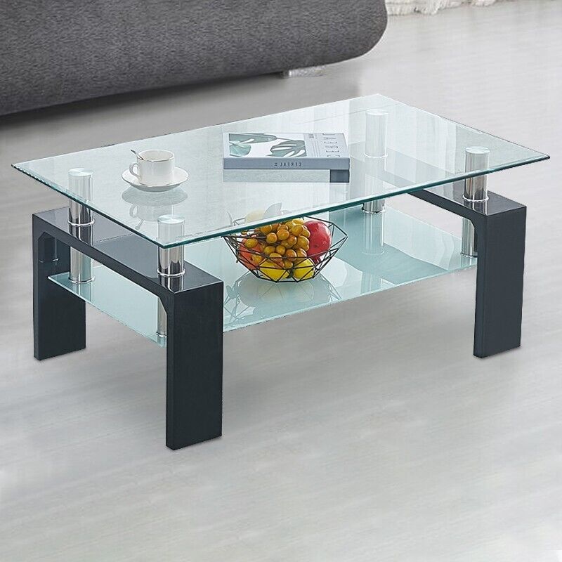 Modern Black Glass Coffee Table MDF Shelf Storage Living Room Rectangular
