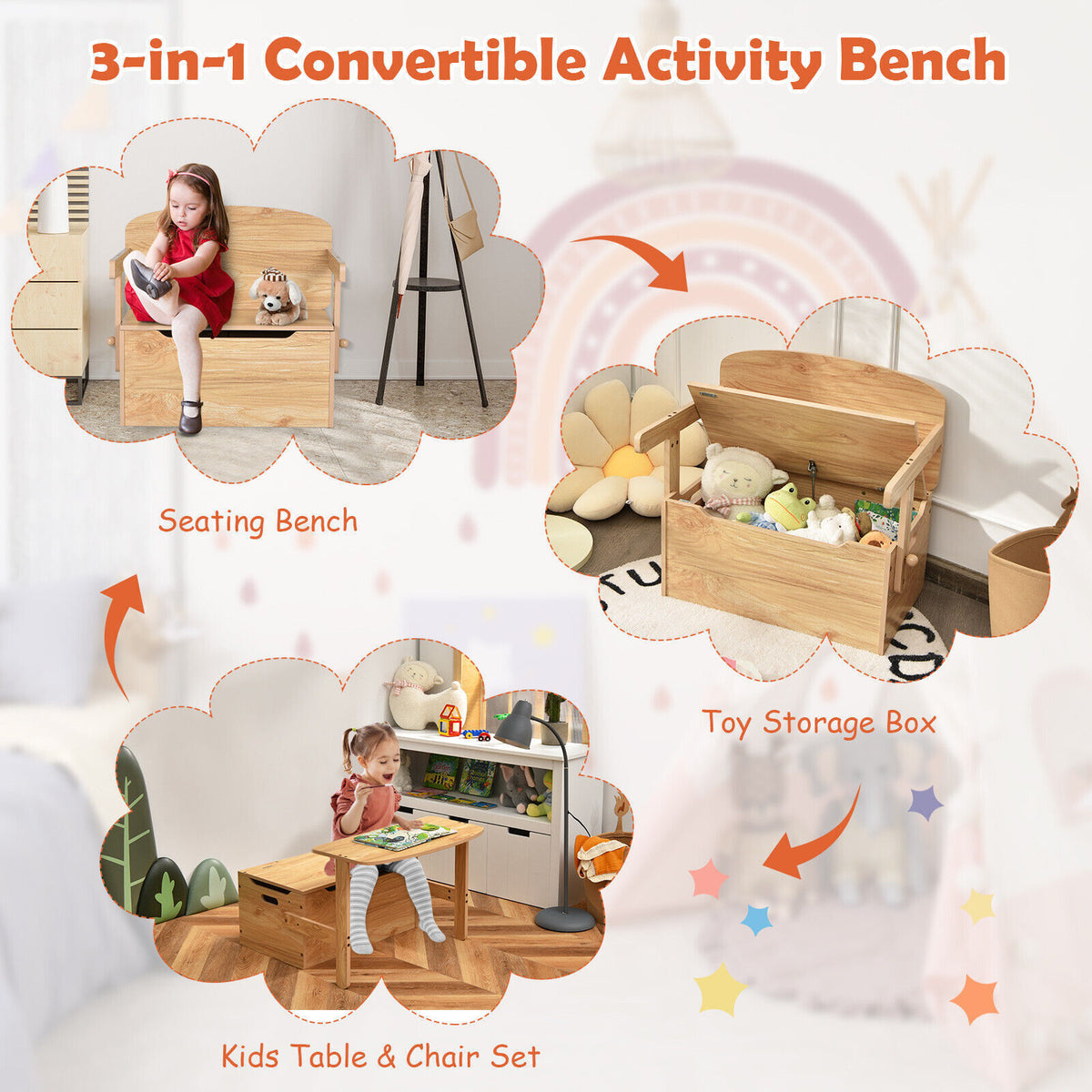 Kids Convertible Activity Bench Table 3-in-1 Desk and Chair Set with T ...