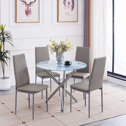 4x Grey Faux Leather Dining Chairs & Round Marble Glass Dining Table Silver Legs