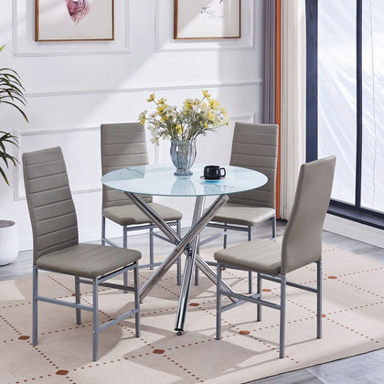 4x Grey Faux Leather Dining Chairs & Round Marble Glass Dining Table Silver Legs