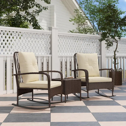 3pcs Rattan Bistro Set, Wicker Garden Furniture Set with Cushions, Glass Top Cof