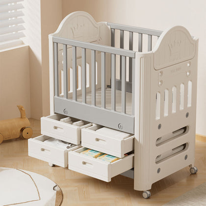 Large Baby Toddler Cot Bed On Wheels & 4 Storage Drawer Raised Fence 85x62x108cm