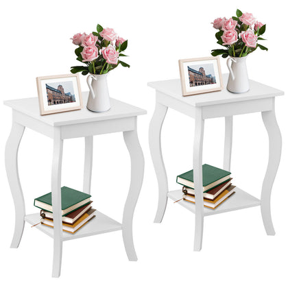 2pcs Accent Table End Table with Curved Legs 2-Tier Open Storage Shelves-White