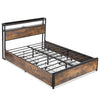 Double Size Bed Frame Metal Platform Bed w/4 Storage Drawers & Storage Headboard
